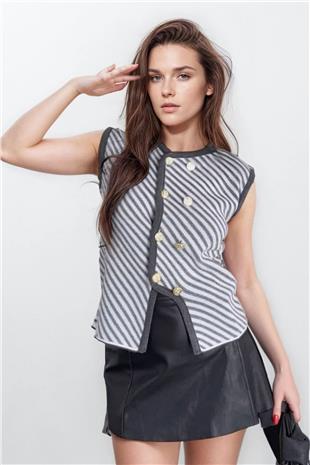 Kadın Antrasit Gol Düğme Detaylı Çizgili Triko Bluz VS00796