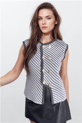 Kadın Antrasit Gol Düğme Detaylı Çizgili Triko Bluz VS00796