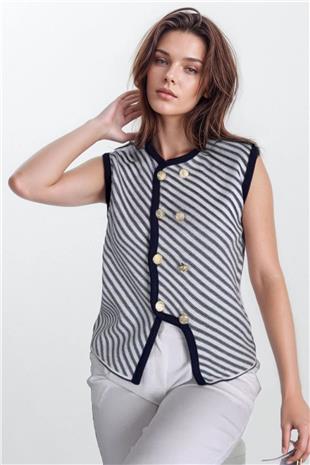 Kadın Siyah Gol Düğme Detaylı Çizgili Triko Bluz VS00796