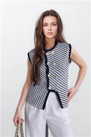 Kadın Siyah Gol Düğme Detaylı Çizgili Triko Bluz VS00796