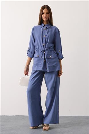Kadın İndigo Gold Düğme Detaylı Gömlek Bluz Ve Palazzo Pantolon Takım VS01140