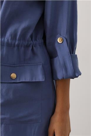 Kadın İndigo Gold Düğme Detaylı Gömlek Bluz Ve Palazzo Pantolon Takım VS01140