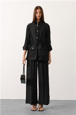 Kadın Siyah Gold Düğme Detaylı Gömlek Bluz Ve Palazzo Pantolon Takım VS01140