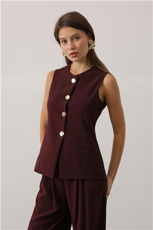 Kadın Bordo Gold Düğme Detaylı Yelek Ve Pileli Palazzo Pantolon Takım VS01148