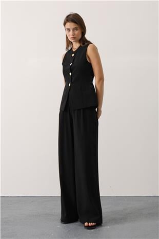 Kadın Siyah Gold Düğme Detaylı Yelek Ve Pileli Palazzo Pantolon Takım VS01148