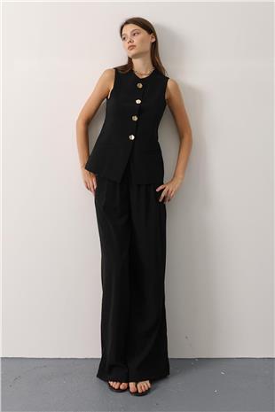 Kadın Siyah Gold Düğme Detaylı Yelek Ve Pileli Palazzo Pantolon Takım VS01148