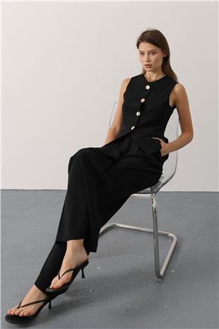 Kadın Siyah Gold Düğme Detaylı Yelek Ve Pileli Palazzo Pantolon Takım VS01148