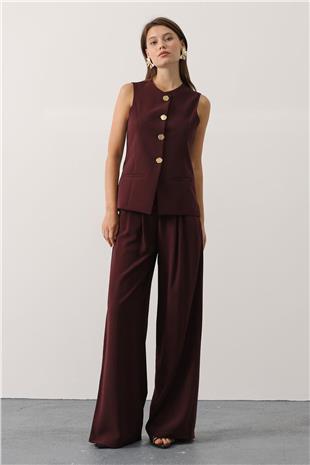Kadın Bordo Gold Düğme Detaylı Yelek Ve Pileli Palazzo Pantolon Takım VS01148