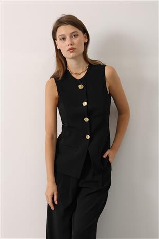 Kadın Siyah Gold Düğme Detaylı Yelek Ve Pileli Palazzo Pantolon Takım VS01148
