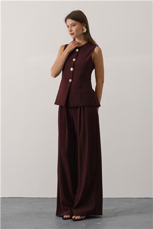 Kadın Bordo Gold Düğme Detaylı Yelek Ve Pileli Palazzo Pantolon Takım VS01148