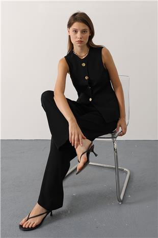 Kadın Siyah Gold Düğme Detaylı Yelek Ve Pileli Palazzo Pantolon Takım VS01148