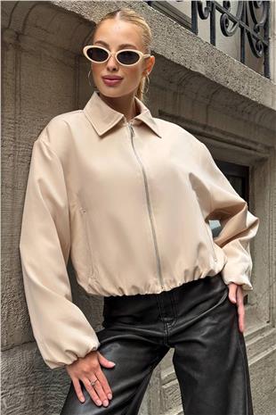 Kadın Bej Gömlek Yaka Beli Ve Kolları Lastikli Bomber Ceket VS01394
