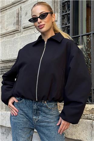 Kadın Siyah Gömlek Yaka Beli Ve Kolları Lastikli Bomber Ceket VS01394