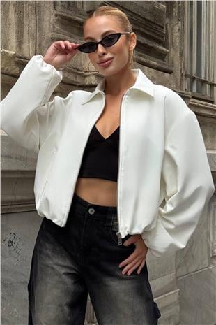 Kadın Beyaz Gömlek Yaka Beli ve Kolları Lastikli Astarlı Bomber Ceket VS01394