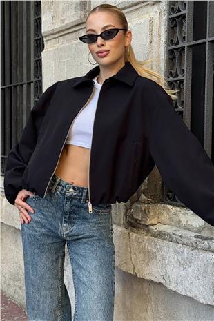 Kadın Siyah Gömlek Yaka Beli Ve Kolları Lastikli Bomber Ceket VS01394