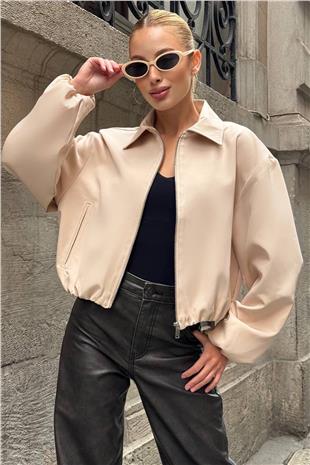 Kadın Bej Gömlek Yaka Beli Ve Kolları Lastikli Bomber Ceket VS01394