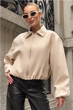 Kadın Bej Gömlek Yaka Beli Ve Kolları Lastikli Bomber Ceket VS01394