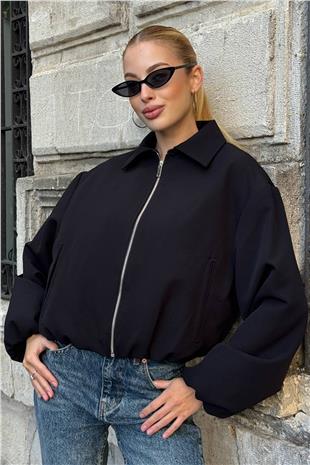 Kadın Siyah Gömlek Yaka Beli Ve Kolları Lastikli Bomber Ceket VS01394