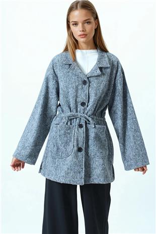 Kadın Gri Gömlek Yaka Cep Detaylı Büzgü İpli Düğmeli Hırka VS01067