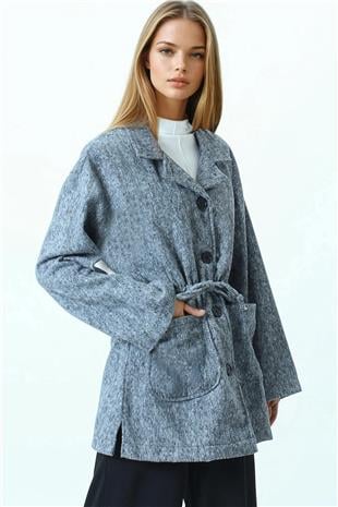 Kadın Gri Gömlek Yaka Cep Detaylı Büzgü İpli Düğmeli Hırka VS01067