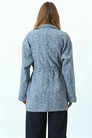 Kadın Gri Gömlek Yaka Cep Detaylı Büzgü İpli Düğmeli Hırka VS01067