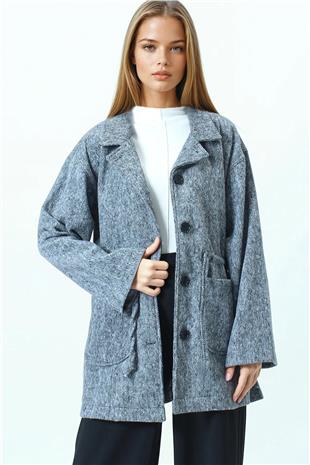 Kadın Gri Gömlek Yaka Cep Detaylı Büzgü İpli Düğmeli Hırka VS01067