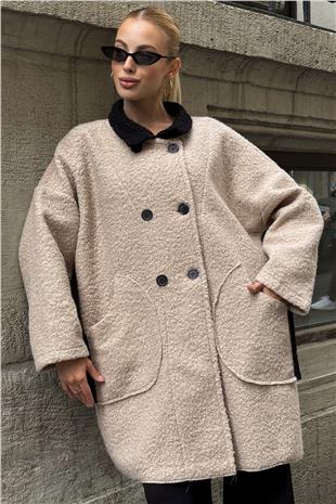 Kadın Bej Gömlek Yaka Düğme Kapamalı Kaşe Kaban VS01287