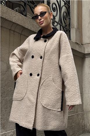 Kadın Bej Gömlek Yaka Düğme Kapamalı Kaşe Kaban VS01287