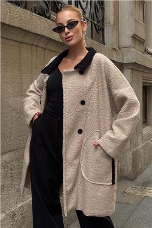 Kadın Bej Gömlek Yaka Düğme Kapamalı Kaşe Kaban VS01287