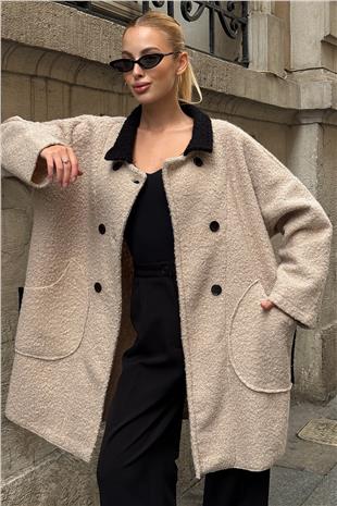 Kadın Bej Gömlek Yaka Düğme Kapamalı Kaşe Kaban VS01287