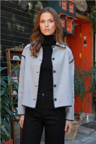 Kadın Gri Gömlek Yaka Düğme Kapamalı Kontrast Uzun Kollu Hırka VS01223