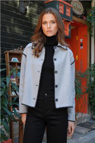 Kadın Gri Gömlek Yaka Düğme Kapamalı Kontrast Uzun Kollu Hırka VS01223