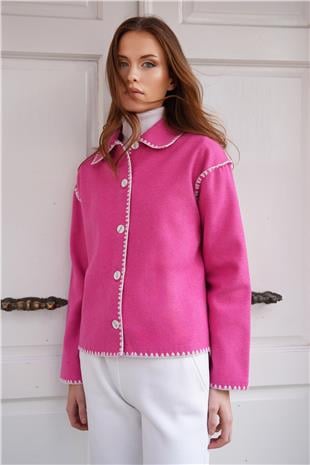 Kadın Fuşya Gömlek Yaka Düğme Kapamalı Kontrast Uzun Kollu Hırka VS01223