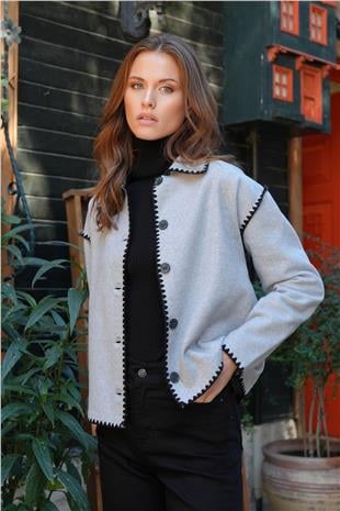 Kadın Gri Gömlek Yaka Düğme Kapamalı Kontrast Uzun Kollu Hırka VS01223