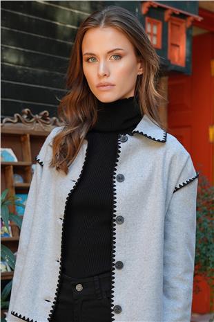 Kadın Gri Gömlek Yaka Düğme Kapamalı Kontrast Uzun Kollu Hırka VS01223