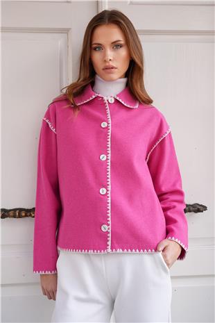 Kadın Fuşya Gömlek Yaka Düğme Kapamalı Kontrast Uzun Kollu Hırka VS01223