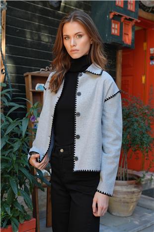 Kadın Gri Gömlek Yaka Düğme Kapamalı Kontrast Uzun Kollu Hırka VS01223