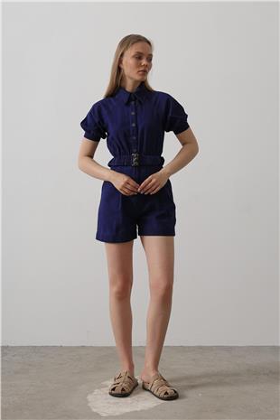 Kadın İndigo Gömlek Yaka Gabardin Tulum VS00618