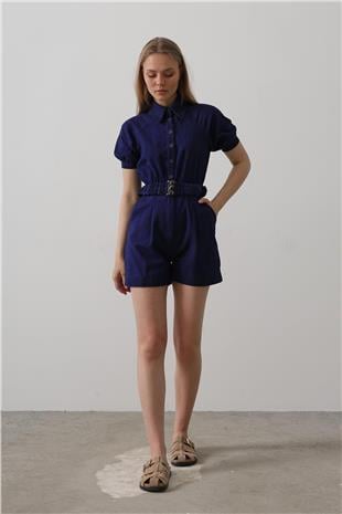 Kadın İndigo Gömlek Yaka Gabardin Tulum VS00618