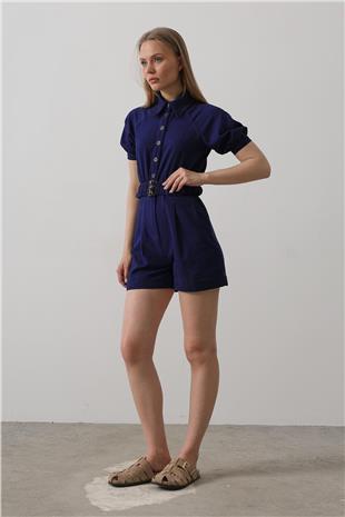 Kadın İndigo Gömlek Yaka Gabardin Tulum VS00618