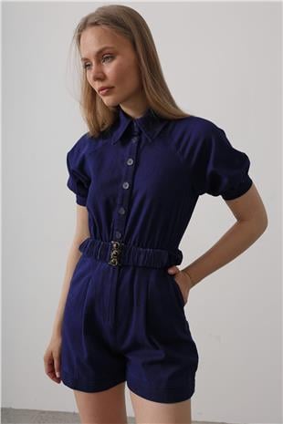 Kadın İndigo Gömlek Yaka Gabardin Tulum VS00618