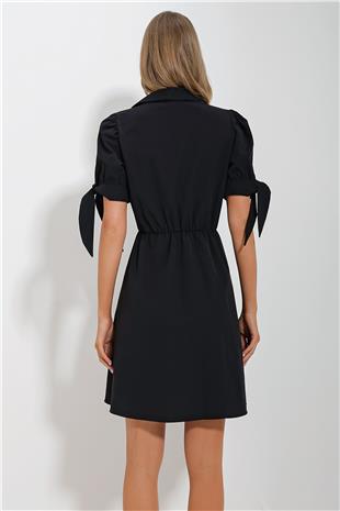 Kadın Siyah Gömlek Yaka Karpuz Kollu Poplin Elbise ALC-X11612