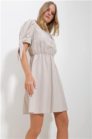 Kadın Bej Gömlek Yaka Karpuz Kollu Poplin Elbise ALC-X11612