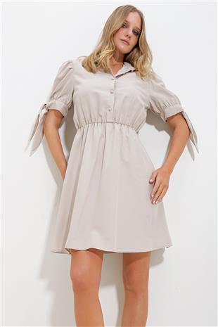 Kadın Bej Gömlek Yaka Karpuz Kollu Poplin Elbise ALC-X11612