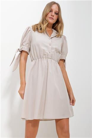 Kadın Bej Gömlek Yaka Karpuz Kollu Poplin Elbise ALC-X11612