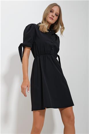 Kadın Siyah Gömlek Yaka Karpuz Kollu Poplin Elbise ALC-X11612