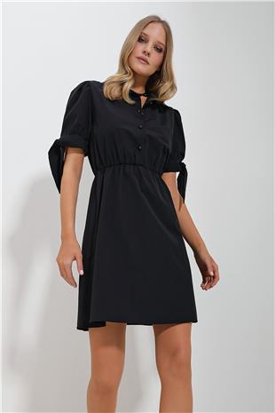 Kadın Siyah Gömlek Yaka Karpuz Kollu Poplin Elbise ALC-X11612