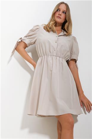 Kadın Bej Gömlek Yaka Karpuz Kollu Poplin Elbise ALC-X11612