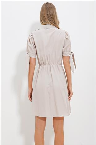 Kadın Bej Gömlek Yaka Karpuz Kollu Poplin Elbise ALC-X11612