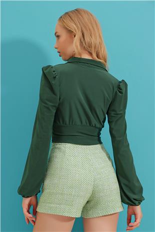 Gömlek Yaka Korseli Crop Sandy Bluz - Yeşil